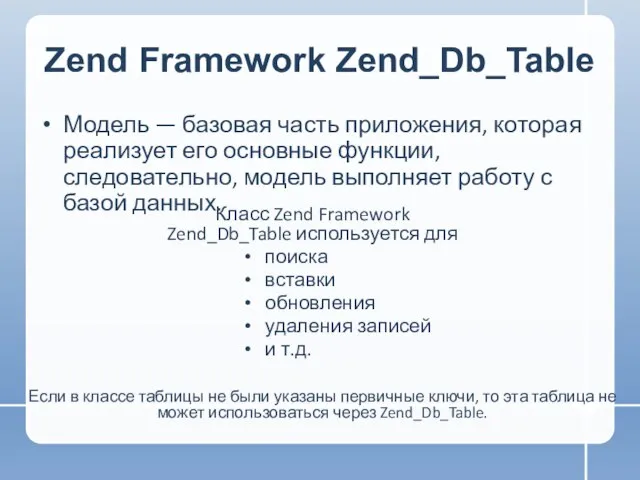 Zend Framework Zend_Db_Table Модель — базовая часть приложения, которая реализует его основные