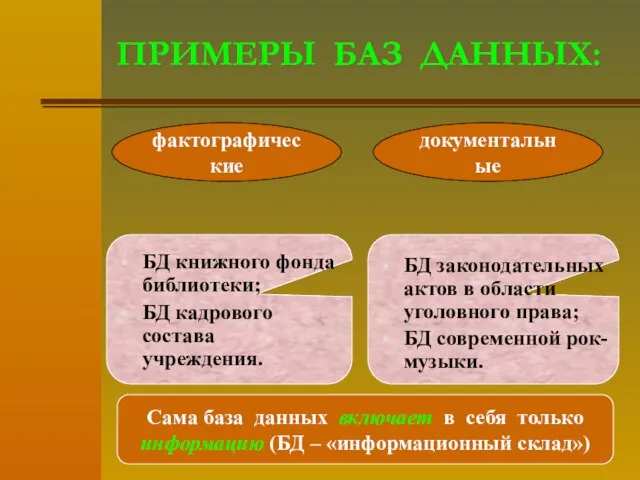 фактографические документальные ПРИМЕРЫ БАЗ ДАННЫХ: БД книжного фонда библиотеки; БД кадрового состава