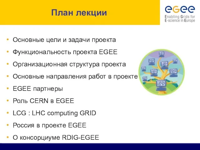 План лекции Основные цели и задачи проекта Функциональность проекта EGEE Организационная структура