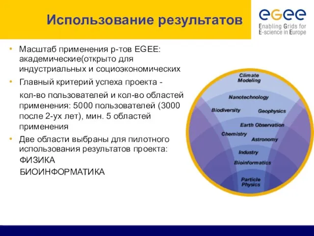 Использование результатов Масштаб применения р-тов EGEE:академические(открыто для индустриальных и социоэкономических Главный критерий