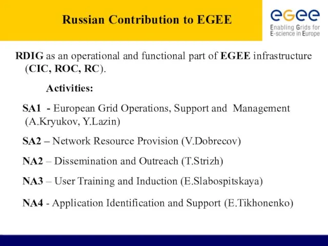 Russian Contribution to EGEE RDIG as an operational and functional part of