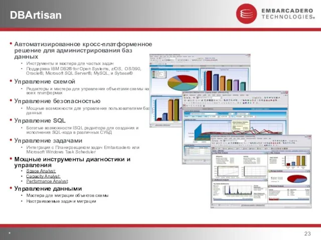 * DBArtisan Автоматизированное кросс-платформенное решение для администрирования баз данных Инструменты и мастера