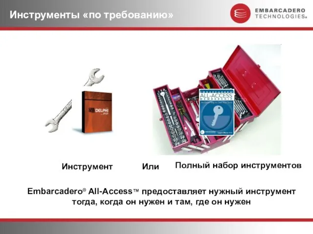 Инструменты «по требованию» Инструмент Полный набор инструментов Или Embarcadero® All-Access™ предоставляет нужный