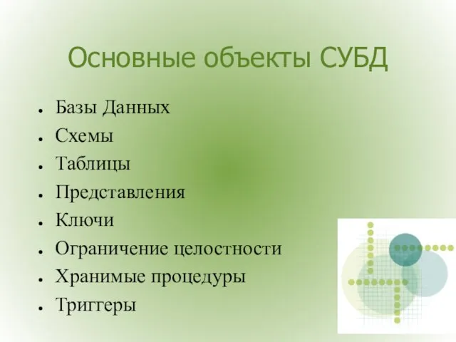 Основные объекты СУБД Базы Данных Схемы Таблицы Представления Ключи Ограничение целостности Хранимые процедуры Триггеры