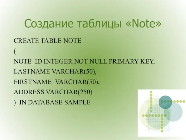 Создание таблицы «Note» CREATE TABLE NOTE ( NOTE_ID INTEGER NOT NULL PRIMARY