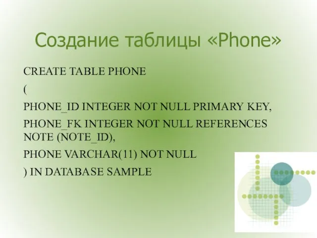 Создание таблицы «Phone» CREATE TABLE PHONE ( PHONE_ID INTEGER NOT NULL PRIMARY