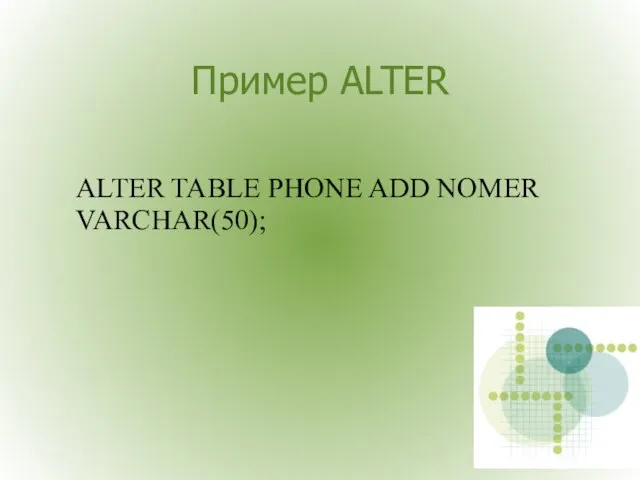 Пример ALTER ALTER TABLE PHONE ADD NOMER VARCHAR(50);