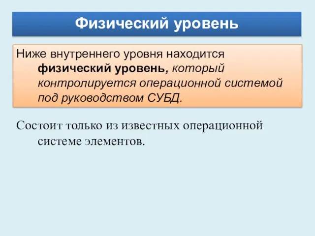 Физический уровень Cостоит только из известных операционной системе элементов. Ниже внутреннего уровня