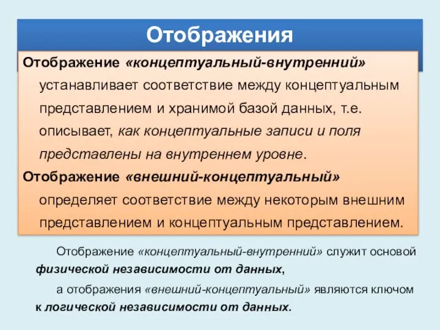 Отображения Отображение «концептуальный-внутренний» устанавливает соответствие между концептуальным представлением и хранимой базой данных,