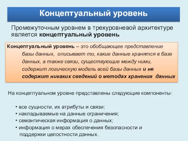 Концептуальный уровень Концептуальный уровень – это обобщающее представление базы данных, описывает то,