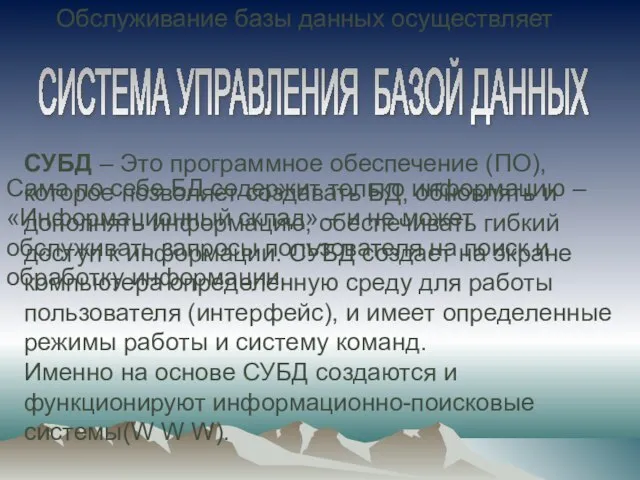 Сама по себе БД содержит только информацию – «Информационный склад» – и