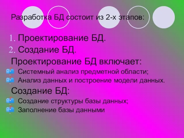 Разработка БД состоит из 2-х этапов: Проектирование БД. Создание БД. Проектирование БД