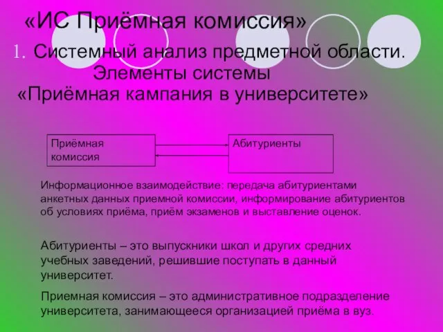 «ИС Приёмная комиссия» Системный анализ предметной области. Элементы системы «Приёмная кампания в