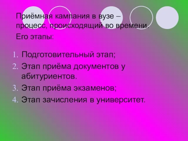 Приёмная кампания в вузе – процесс, происходящий во времени. Его этапы: Подготовительный