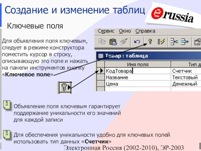 Электронная Россия (2002-2010), ЭР-2003 Создание и изменение таблиц Ключевые поля Объявление поля