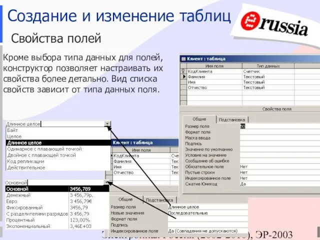 Электронная Россия (2002-2010), ЭР-2003 Создание и изменение таблиц Свойства полей Кроме выбора