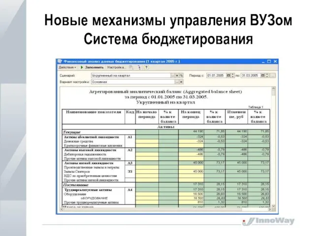 Новые механизмы управления ВУЗом Система бюджетирования