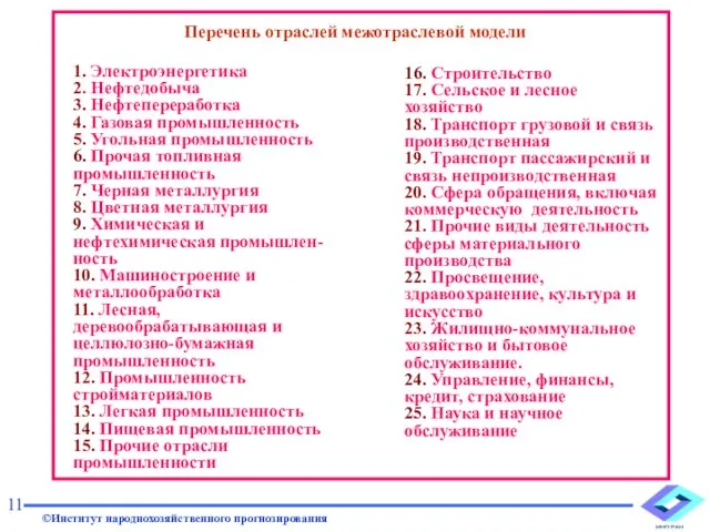 Перечень отраслей межотраслевой модели 11