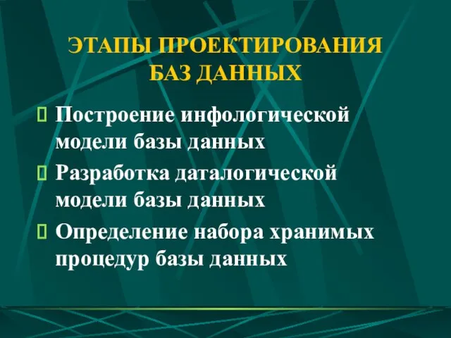 ЭТАПЫ ПРОЕКТИРОВАНИЯ БАЗ ДАННЫХ Построение инфологической модели базы данных Разработка даталогической модели