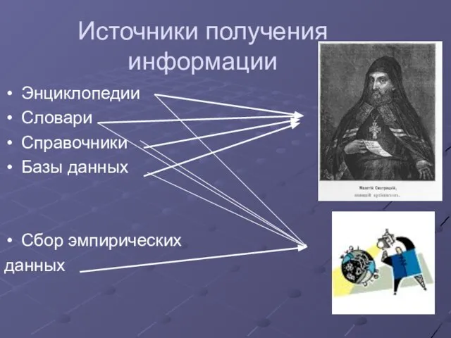 Источники получения информации Энциклопедии Словари Справочники Базы данных Сбор эмпирических данных