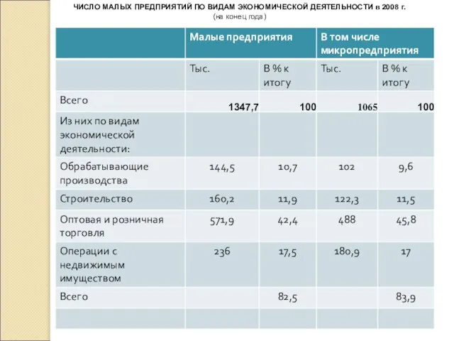 ЧИСЛО МАЛЫХ ПРЕДПРИЯТИЙ ПО ВИДАМ ЭКОНОМИЧЕСКОЙ ДЕЯТЕЛЬНОСТИ в 2008 г. (на конец года)