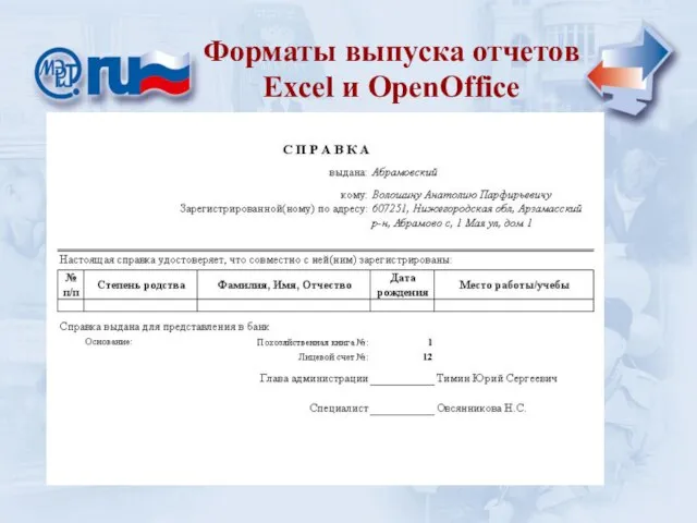 Уровень сельской администрации Форматы выпуска отчетов Excel и OpenOffice