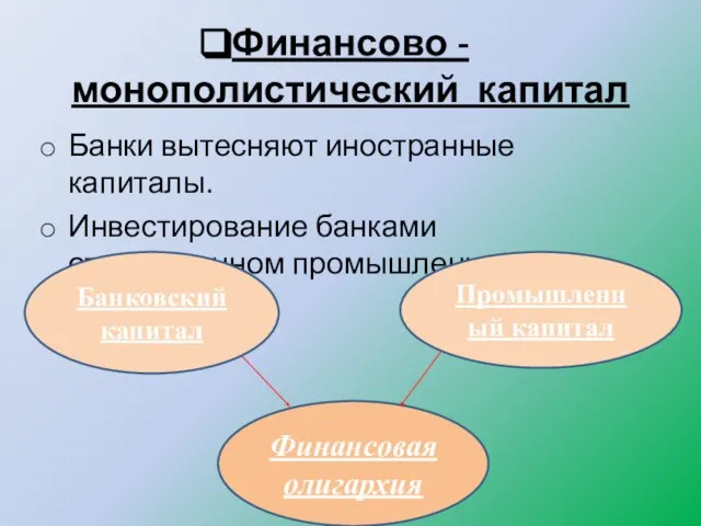 Финансово -монополистический капитал Банки вытесняют иностранные капиталы. Инвестирование банками отечественном промышленности Банковский