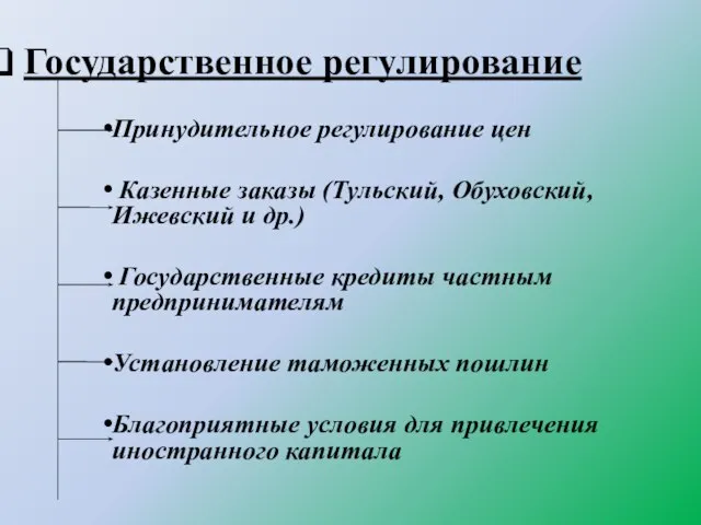 Государственное регулирование Принудительное регулирование цен Казенные заказы (Тульский, Обуховский, Ижевский и др.)