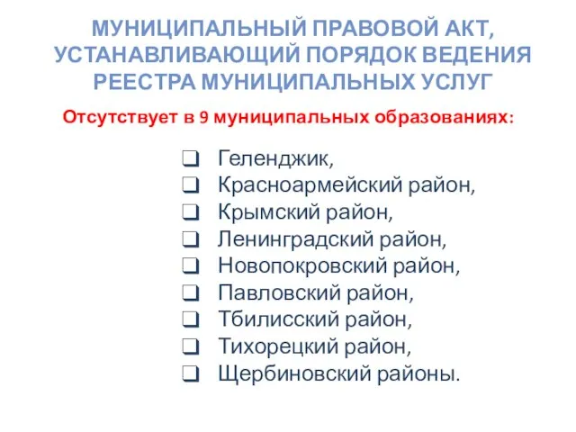 МУНИЦИПАЛЬНЫЙ ПРАВОВОЙ АКТ, УСТАНАВЛИВАЮЩИЙ ПОРЯДОК ВЕДЕНИЯ РЕЕСТРА МУНИЦИПАЛЬНЫХ УСЛУГ Отсутствует в 9