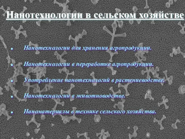 Нанотехнологии в сельском хозяйстве Нанотехнологии для хранения агропродукции. Нанотехнологии в переработке агропродукции.