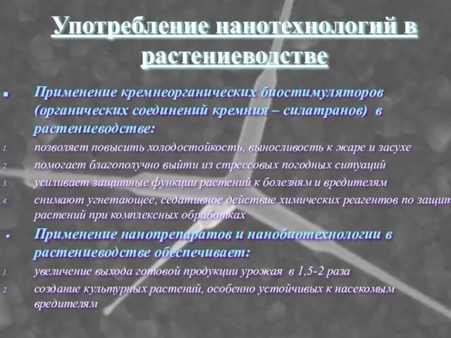 Употребление нанотехнологий в растениеводстве Применение кремнеорганических биостимуляторов(органических соединений кремния – силатранов) в