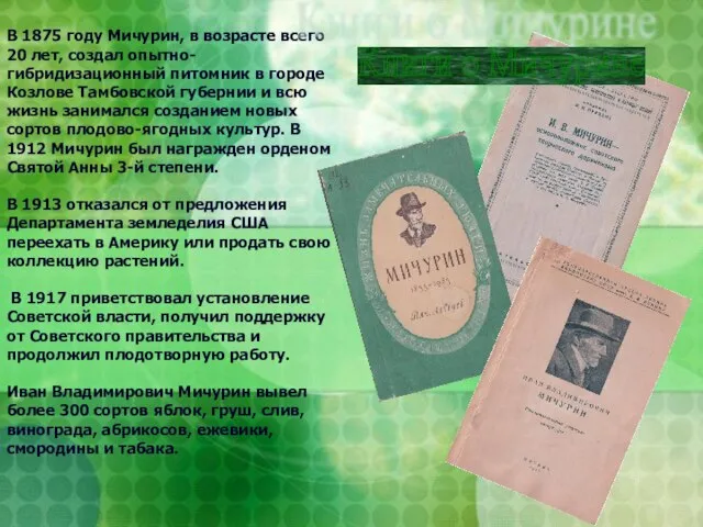 В 1875 году Мичурин, в возрасте всего 20 лет, создал опытно-гибридизационный питомник