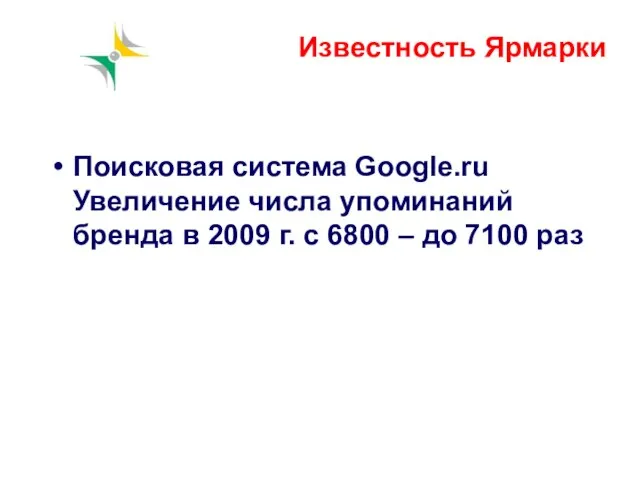 Известность Ярмарки Поисковая система Google.ru Увеличение числа упоминаний бренда в 2009 г.