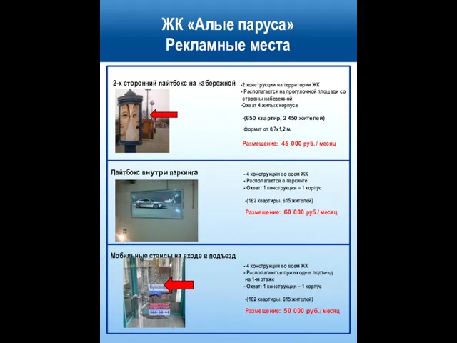 ЖК «Алые паруса» Рекламные места 2-х сторонний лайтбокс на набережной Лайтбокс внутри