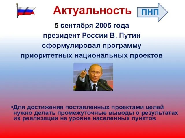 Актуальность 5 сентября 2005 года президент России В. Путин сформулировал программу приоритетных