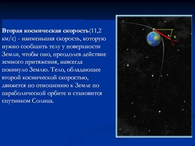 Вторая космическая скорость(11,2 км/с) - наименьшая скорость, которую нужно сообщить телу у