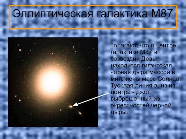 Эллиптическая галактика М87 Полагают, что в центре галактики M87 в созвездии Девы