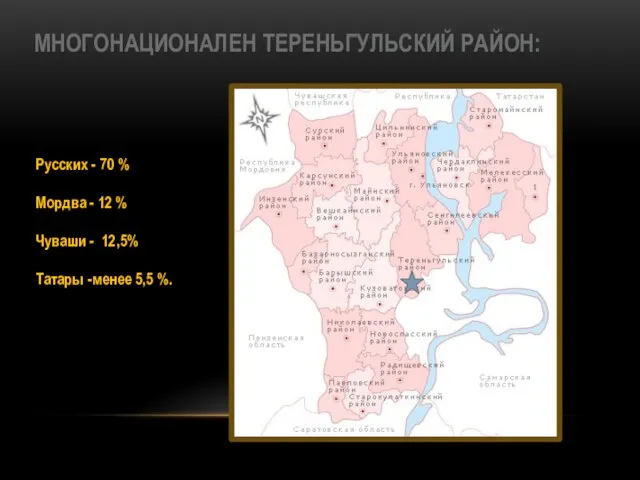 МНОГОНАЦИОНАЛЕН ТЕРЕНЬГУЛЬСКИЙ РАЙОН: Русских - 70 % Мордва - 12 % Чуваши