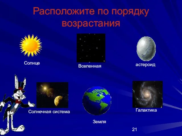 Расположите по порядку возрастания Солнце астероид Вселенная Солнечная система Земля Галактика