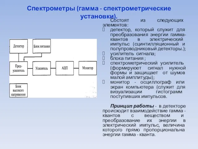 Спектрометры (гамма - спектрометрические установки). Состоят из следующих элементов: детектор, который служит