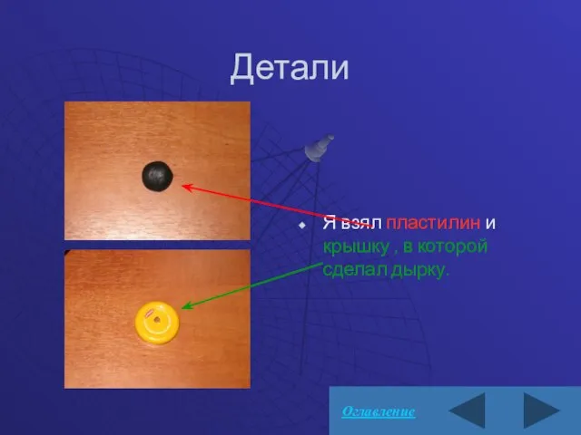 Детали Я взял пластилин и крышку , в которой сделал дырку. Оглавление