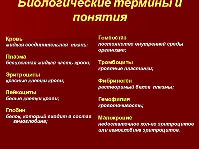 Биологические термины и понятия Кровь жидкая соединительная ткань; Плазма бесцветная жидкая часть