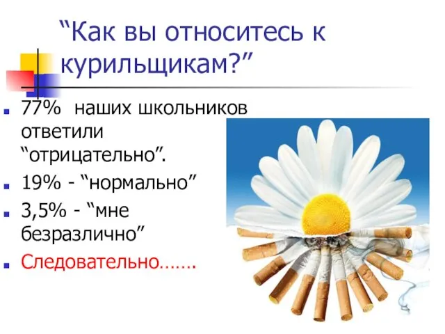 “Как вы относитесь к курильщикам?” 77% наших школьников ответили “отрицательно”. 19% -