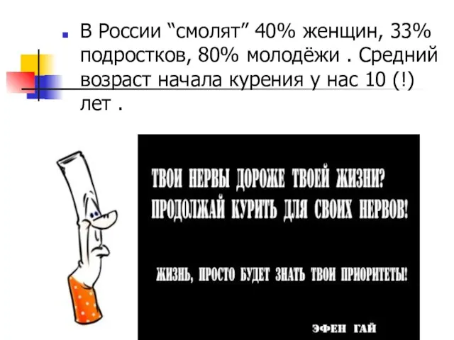 В России “смолят” 40% женщин, 33% подростков, 80% молодёжи . Средний возраст