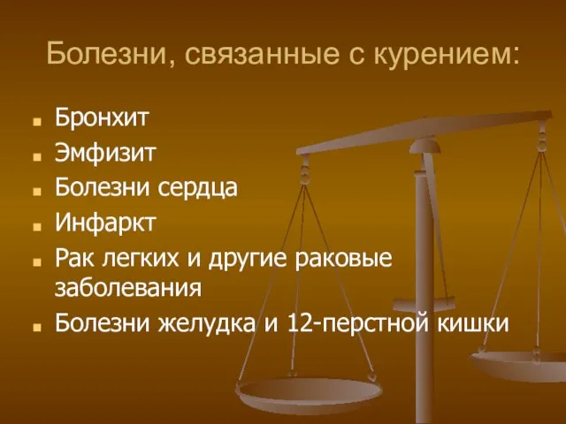 Болезни, связанные с курением: Бронхит Эмфизит Болезни сердца Инфаркт Рак легких и