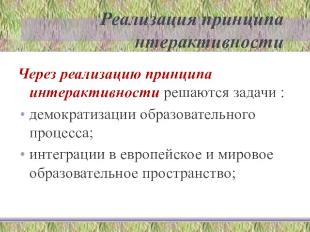 Реализация принципа нтерактивности Через реализацию принципа интерактивности решаются задачи : демократизации образовательного