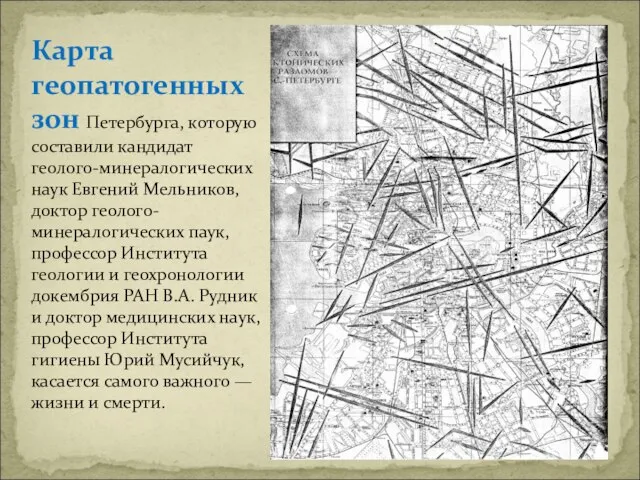 Карта геопатогенных зон Петербурга, которую составили кандидат геолого-минералогических наук Евгений Мельников, доктор