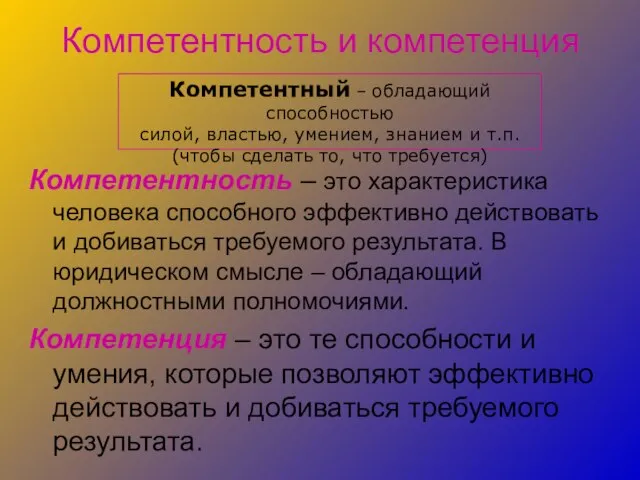 Компетентность и компетенция Компетентность – это характеристика человека способного эффективно действовать и