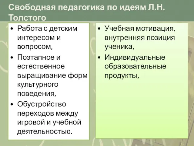 Свободная педагогика по идеям Л.Н.Толстого Работа с детским интересом и вопросом, Поэтапное