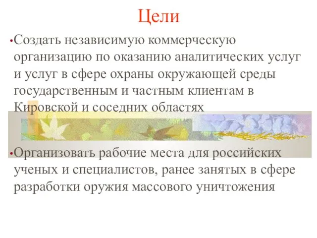 Цели Создать независимую коммерческую организацию по оказанию аналитических услуг и услуг в